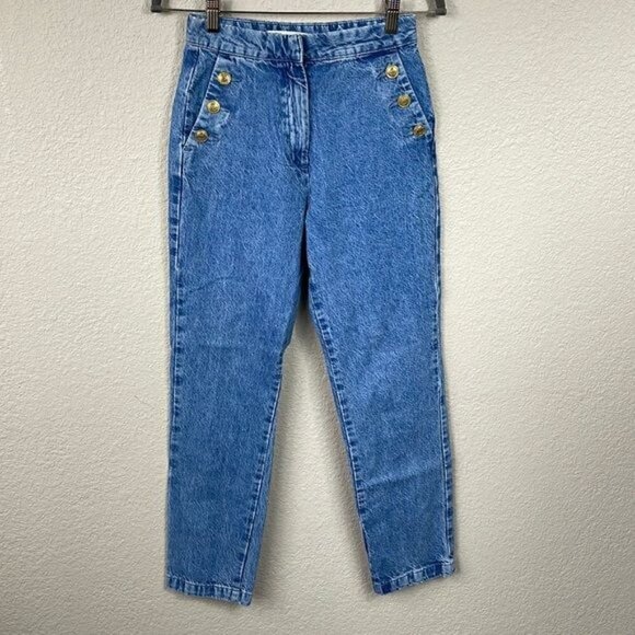 Zara High Rise Sailor Button Slant Pocket Jeans Vintage Wash Straight Leg Sz S - Picture 4 of 14